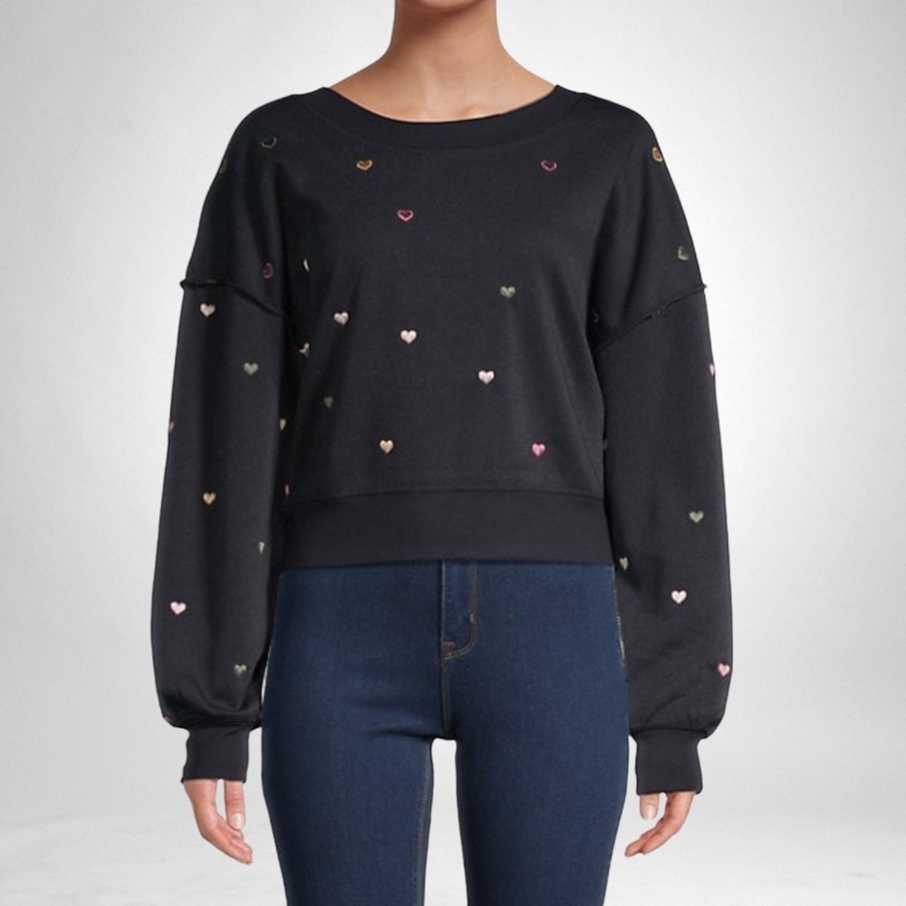 Embroidered Hearts Black Cropped Sweatshirt Pullover Nwt